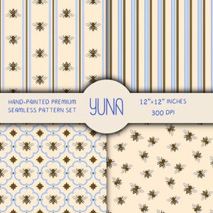 Vintage Honey Bee Seamless Pattern Set - Cottagecore Floral Digital Paper for Scrapbooking, Fabric & Packaging Design - Commercial Use