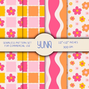 Retro 70s Seamless Pattern Set – Repeating Groovy Floral Design – Colorful Digital Papers for Scrapbooking, Gift Wrapping for Commercial Use