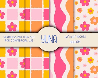 Retro Flowers Seamless Pattern set, bright groovy 70s papers, commercial use, digital download file
