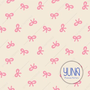 May include: A repeating pattern of pink bows on a cream background. The bows are evenly spaced and appear to be hand-drawn. The image includes a circular logo with the text "YUNA Premium Pattern".