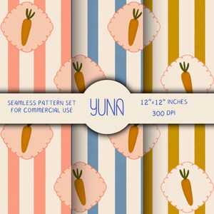 Conjunto de lindos patrones sin costuras de zanahorias - Papeles digitales de jardín otoñal naranja y verde - 30,5 x 30,5 cm, 300 DPI, PNG y JPG - Uso comercial
