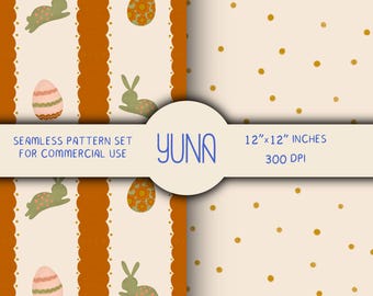Retro Easter Seamless Pattern Set, Bunny Stripe Digital Paper, Spring Floral Egg Print