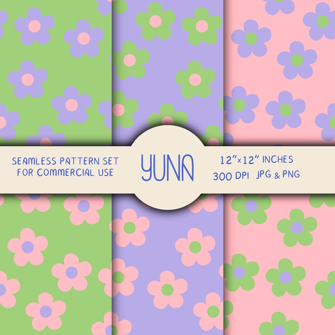 Retro Floral Seamless Pattern Bundle, Pastel Daisy Flower Digital Paper ...