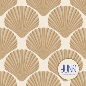 May include: A repeating pattern of beige seashells on a cream background. The seashells have a textured, ridged design. The image includes a circular logo with the text "YUNA Premium Pattern". The pattern is suitable for various design applications.