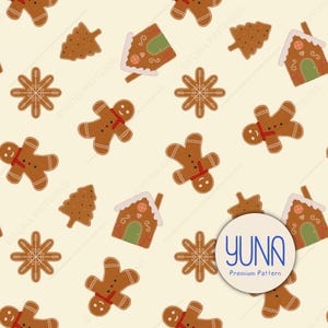 以下が含まれることがあります： クリーム色の背景に、茶色と白のジンジャーブレッドマン、家、雪の結晶、クリスマスツリーが繰り返されるパターン。ジンジャーブレッドマンは赤いスカーフをしています。画像には「YUNA Premium Pattern」というテキストが含まれています。