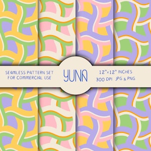 May include: A seamless pattern set featuring eight designs with abstract, wavy shapes in pastel colors. The patterns include yellow, green, pink, and purple on a cream background. The set is 12" x 12" inches and includes JPG and PNG files.