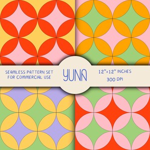 May include: A seamless pattern set for commercial use. The design features four colorful quadrants with overlapping circular shapes in orange, pink, yellow, green, and purple. The text "YUNA" and dimensions are also included.