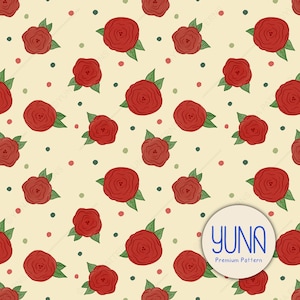 Puede incluir: Un patrón repetido de rosas rojas con hojas verdes y pequeños puntos rojos y verdes sobre un fondo crema. El diseño es un patrón premium, como indica el texto en la esquina inferior derecha.