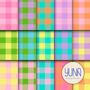 May include: A digital graphic featuring a grid of fifteen squares, each displaying a unique multi-colored gingham check pattern in various pastel and bright hues. A circular white logo in the bottom right corner reads YUNA Premium Pattern.