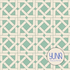 May include: Geometric pattern in cream, light green, and white. The design features interlocking shapes, creating a repeating pattern. The image includes a circular logo with the text "YUNA Premium Pattern".