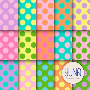 May include: A grid of fifteen rectangular panels featuring various polka dot patterns in vibrant colors including purple, yellow, pink, orange, green, and teal. A circular white label in the bottom right corner displays the text YUNA Premium Pattern.