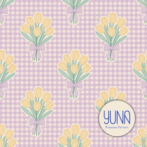May include: A repeating pattern featuring bouquets of yellow tulips tied with lavender bows and green stems, set against a light purple and cream gingham background. The design includes the text "YUNA Premium Pattern" in a circular logo.