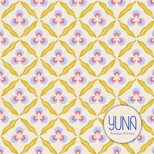May include: A repeating pattern featuring stylized floral motifs in red, blue, and gold on a cream background. The design includes a circular logo with the text "YUNA Premium Pattern".