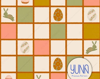 Easter Rabbits & Floral Eggs Seamless Pattern, Checkered Spring Digital Paper, Commercial Use