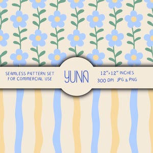 Conjunto de patrones florales retro azules suaves sin costuras, papel digital de margaritas para impresión en tela y papel tapiz