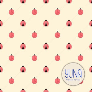 May include: A repeating pattern of pink ladybugs with black markings on a light beige background. The ladybugs are evenly spaced and create a playful, whimsical design. The image includes a circular logo with the text "YUNA Premium Pattern".