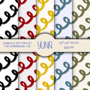 May include: A seamless pattern set for commercial use. The design features a repeating swirl pattern in black, red, yellow, teal, and olive green on a white or off-white background. The text "YUNA" is in blue. Each pattern is 12"x12" inches at 300 DPI.
