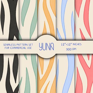 May include: A seamless pattern set for commercial use. The design features vertical, curved stripes in black, teal, orange, blue, and pink on a cream background. The text "YUNA" is in a blue font, and the dimensions are 30.48cm x 30.48cm, 300 DPI.
