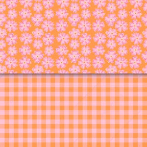 Retro seamless pattern set featuring large pink flowers on a warm orange background with a coordinating orange and blush pink gingham check pattern. Hand-drawn digital paper for fabric, quilting, apparel, stationery, scrapbook, wrapping paper, wallpaper, home decor, and commercial surface design projects.