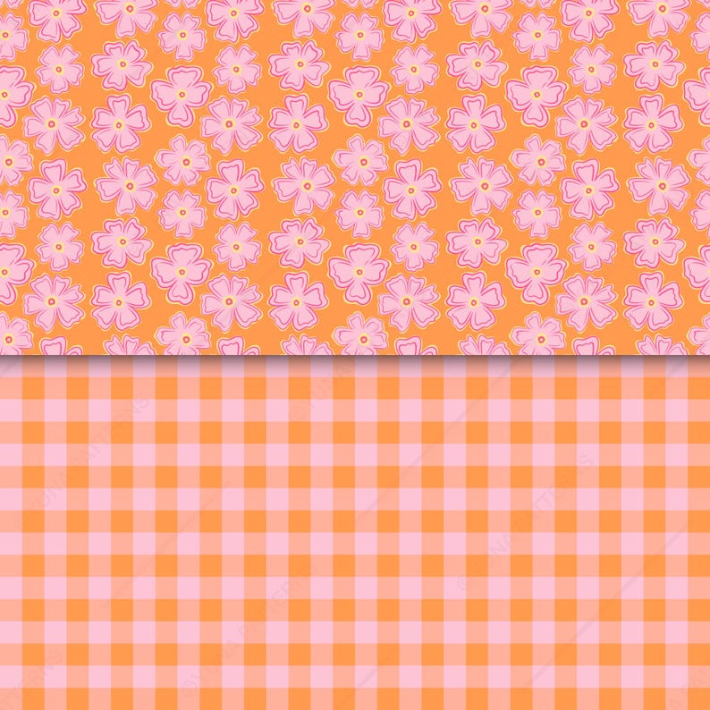 Retro seamless pattern set featuring large pink flowers on a warm orange background with a coordinating orange and blush pink gingham check pattern. Hand-drawn digital paper for fabric, quilting, apparel, stationery, scrapbook, wrapping paper, wallpaper, home decor, and commercial surface design projects.