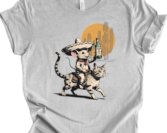 Funny Cat Shirt: Tequila Mouse Riding Cat - Quirky Graphic Tee