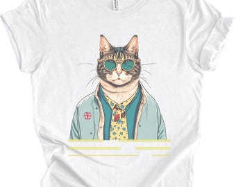 May include: A white t-shirt with a graphic of a cat wearing sunglasses, a tie, and a jacket. The cat has a Union Jack pin on its jacket.