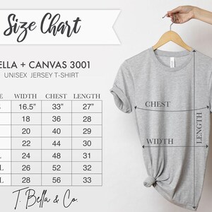 Puede incluir: Tabla de tallas para camisetas de jersey unisex Bella + Canvas 3001. La tabla muestra las tallas XS a 3XL con las medidas de ancho, pecho y largo correspondientes en pulgadas.