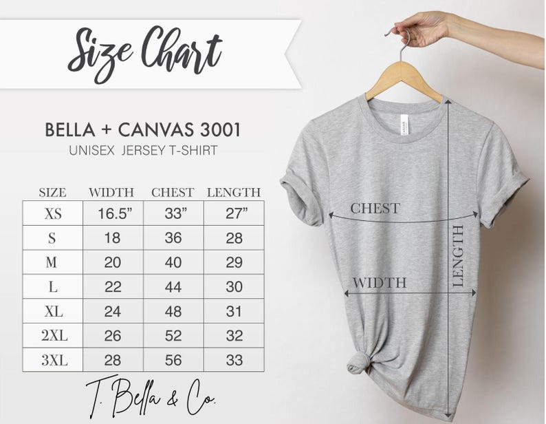 Puede incluir: Tabla de tallas para camisetas de jersey unisex Bella + Canvas 3001. La tabla muestra las tallas XS a 3XL con las medidas de ancho, pecho y largo correspondientes en pulgadas.
