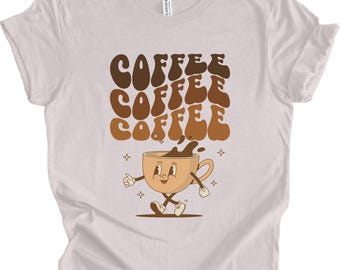 Camiseta Coffee Lover: Xícara de café retrô com estampa de desenho animado, camiseta para viciados em cafeína