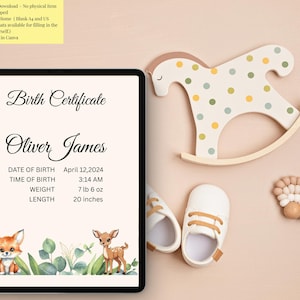 Bewerkbare sjabloon geboorteakte – afdrukbare baby Keepsake – geboorteakte Canva – direct downloaden – A4- en US Letter-formaten