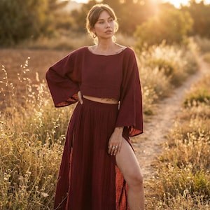 Boho Bio Baumwolle Zweiteiler Set: Hochgeschlitzter Rock & Top, Bustier, Festival