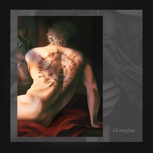 May include: An A5 art print showing a person's back with a detailed, circular design etched into the skin. The person is seated on a red surface, with a dark background. The print has a soft, artistic aesthetic, with the text "A5 art print".