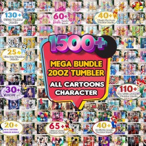 1500+ 20oz Cartoon Tumbler Bundle, Wszystkie postacie z kreskówek sublimacja, Kids Tumbler PNG, Sublimacje, Wzory Cartoon Tumbler