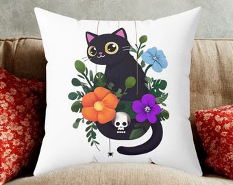 Cojín de gato negro y flores, regalo para amantes de los felinos, diseño con calavera floral, regalo gótico macabro, decoración de Halloween y primavera, arte brujeril