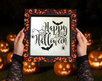 Happy Halloween Mirror, Horror Decor, Spooky Wall Art, Gothic Home Accent, Christmas Gift for Halloween Lovers, Bats and Spiders Design