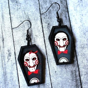 Scary Movie Puppet Earrings, Handmade Horror Jewelry, Coffin Design Earrings, Halloween Jewelry, Unique Gift For Her, Movie Themed Jewelry