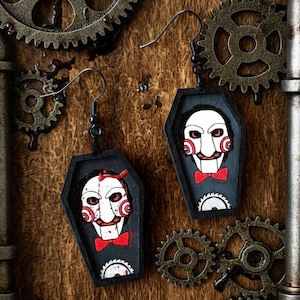 Scary Movie Puppet Earrings, Handmade Horror Accessories, Coffin Design Halloween Jewelry, Unique Gift For Her, Macabre Christmas Present