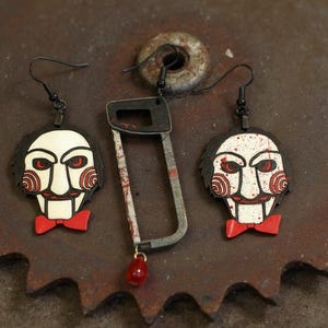 Puppet Earrings, Handmade Horror Movie Jewelry, Bloody Hacksaw, Scary Movie Present, Macabre Accessories, Unique Christmas Gift For Her