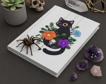 Black Cat and Flowers Journal, Feline Lover's Notebook, Skull with Floral Design Diary, Christmas Gift for Writers, Gothic Notebook