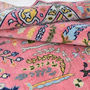 Vintage Pink Oushak Rug: Hand-Knotted Turkish Wool Area Rug
