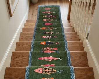 Nautical Fish Runner Tapijt Handgemaakt Groen Wollen Tapijt Trap Gang Decor