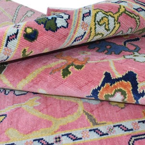 Hand Knotted Pink Oushak Rug: Vintage Turkish Wool Area Rug