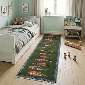 Tapete passadeira artesanal de lã com estampa de peixes – Tapete Gabbeh feito à mão | Motivo de peixes coloridos | Decoração Boho