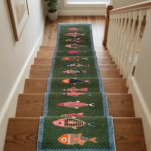 Maritimer Fischläufer Teppich Handgemacht Grüner Wollteppich Treppen Flur Dekor
