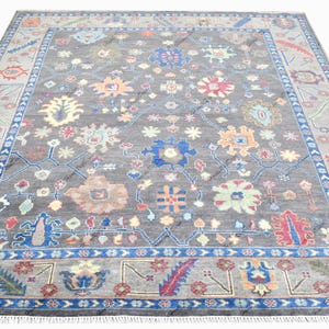 Hand-Knotted Wool Oushak Rug: Navy Blue Floral Turkish Rug