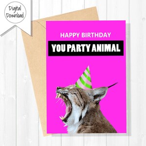 Party Animal Lynx - Cartão de aniversário divertido | Download instantâneo | Imprimível com envelope