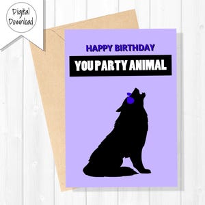 Party Animal Wolf - Cartão de Aniversário Divertido | Download Instantâneo | Imprimível com Envelope