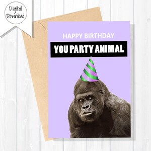Party Animal Gorilla - Cartão de Aniversário Divertido | Download Instantâneo | Imprimível com Envelope