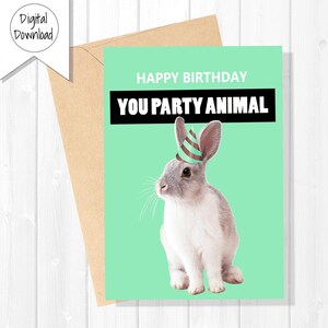Coelhinho de festa - Cartão de aniversário divertido | Download instantâneo | Imprimível com envelope