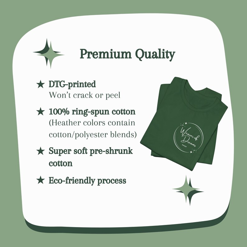 May include: A green t-shirt with the text "Weaver of Dreams" printed on the front. The shirt is made of 100% ring-spun cotton and is DTG-printed, meaning it won't crack or peel. The shirt is also super soft and pre-shrunk.